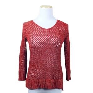 LUCKY BRAND Crochet Open Knit 3/4 Sleeve Pullover Sweater XS Rust Red Y2K